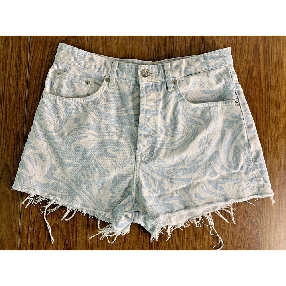 Zara‎ High Rise Cut Off Jean Blue Marbled Shorts Size 8 Distressed Button Fly